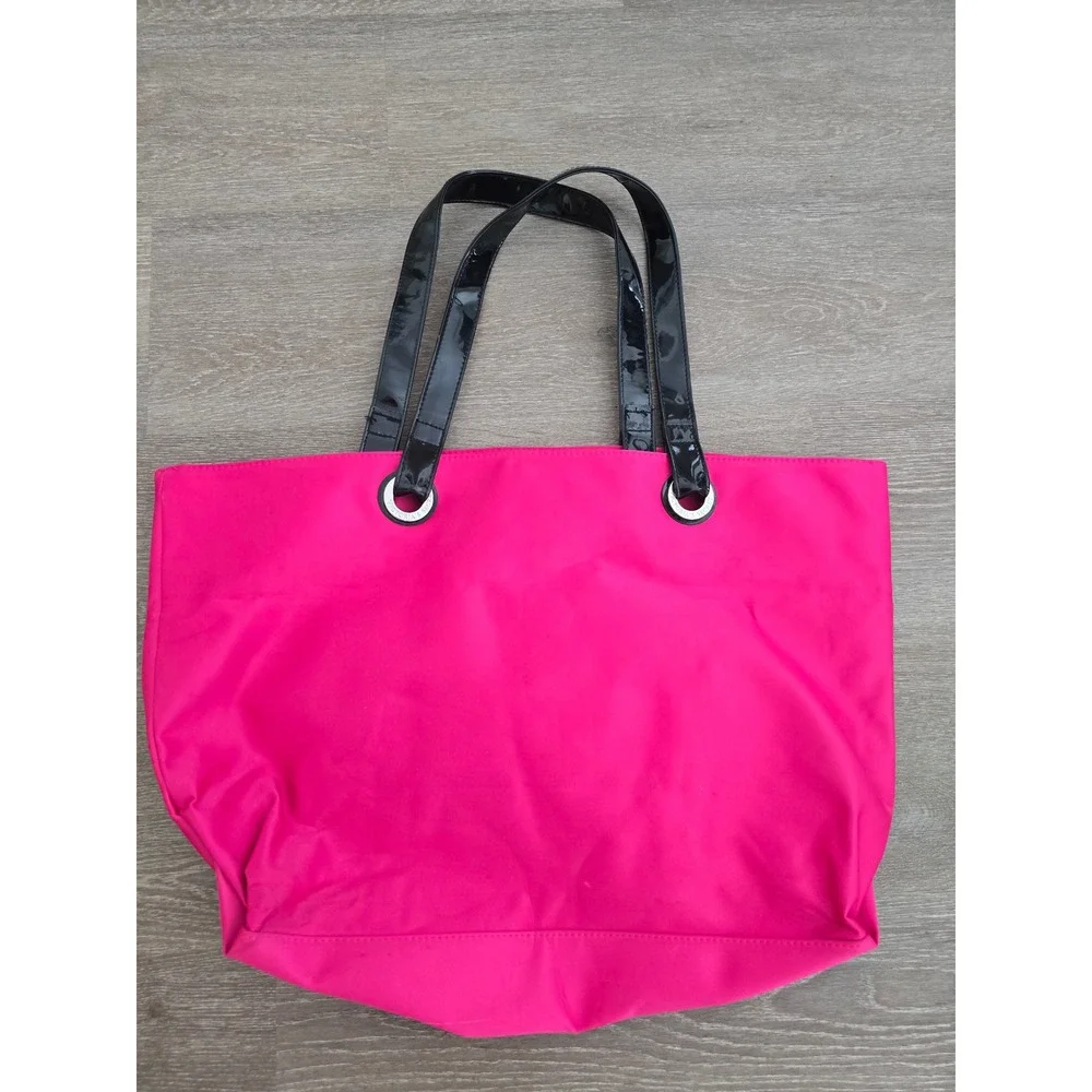 Victorias Secret Hot Pink Rhinestone Logo Tote Bag Black Patent Handles Large